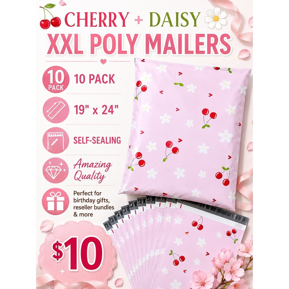10 Pack XXL Cherry Daisy Poly Mailers 19x24 Self Seal Shipping Bags New